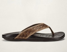 OLUKAI HIKIANALIA MENS TAN/JAVA LEATHER FLIP FLOPS/SANDALS SIZE 12. NWT