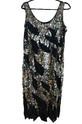 VTG 90's Y2K Silver Fringe Beaded & Sequined Maxi Dress Scalloped Whimsical  M | eBay