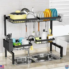 SNSLXH 2-Tier Dish Drying Rack with 4 Baskets – Adjustable Over Sink Storage