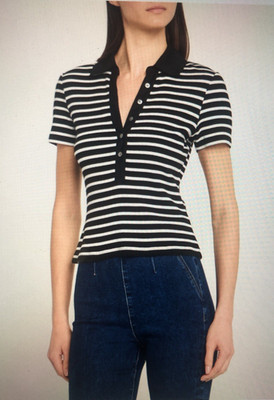 NWT Womens Cotton Knit Polo Top BAILEY44 Size Medium Striped Black Easy Care $89
