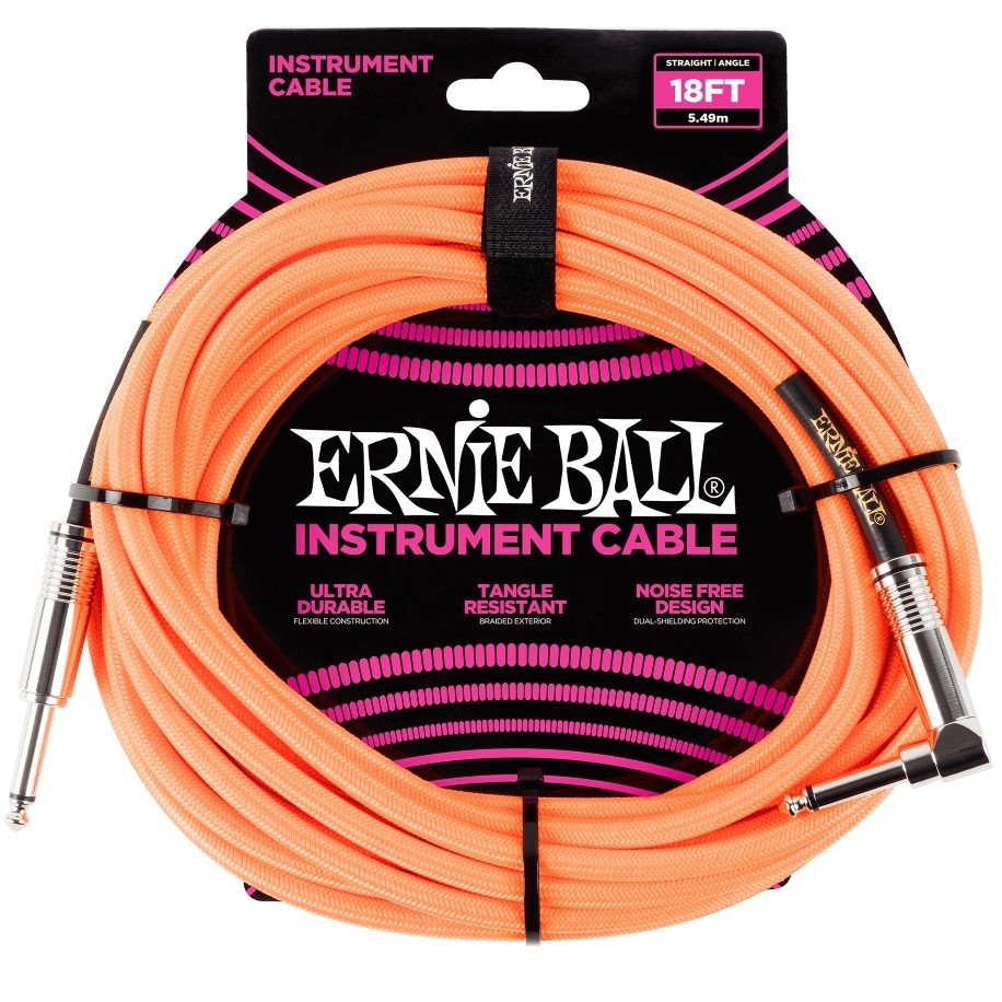 Ernie Ball 18 Foot Braided Straight/Angle Instrument Cable Neon Orange