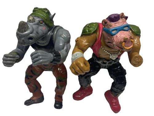 Vintage 1988 TMNT Bebop & Rocksteady Ninja Turtles Figures Lot - Missing Hand*