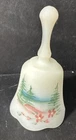 Fenton Custard Satin Glass Bell Pine Trees Winter Artist Signed Original Sticker