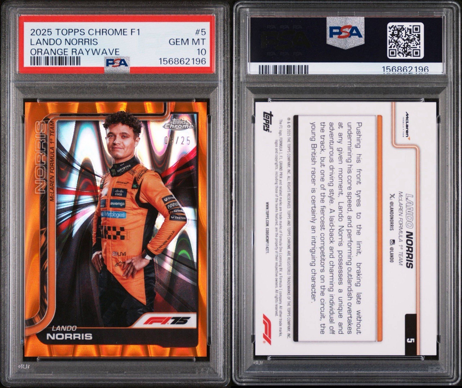 2025 Topps Chrome Formula 1 F1 Lando Norris Orange Raywave /25 #5 PSA 10 Pop 1 view 3