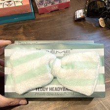 The Cr me Shop Plush Spa Headband White Green Reusable Teddy Striped