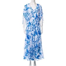 Vicky Tiel Flutter Cottage Maxi Dress Women Medium White Blue Flowy Flowers
