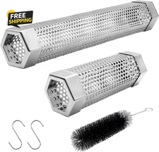 Pellet Smoker Tube Set, 6" & 12" Stainless Steel BBQ Wood Smoker Tube with Brush