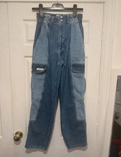 Two Tone Patchwork Denim Cargo Jeans Multi Pocket High Rise Wide Leg Pants