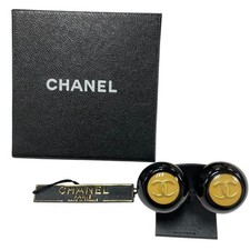 CHANEL Auth Used Excellent Clip-On Earrings CC Logo w/Box Gold Plated Black JP