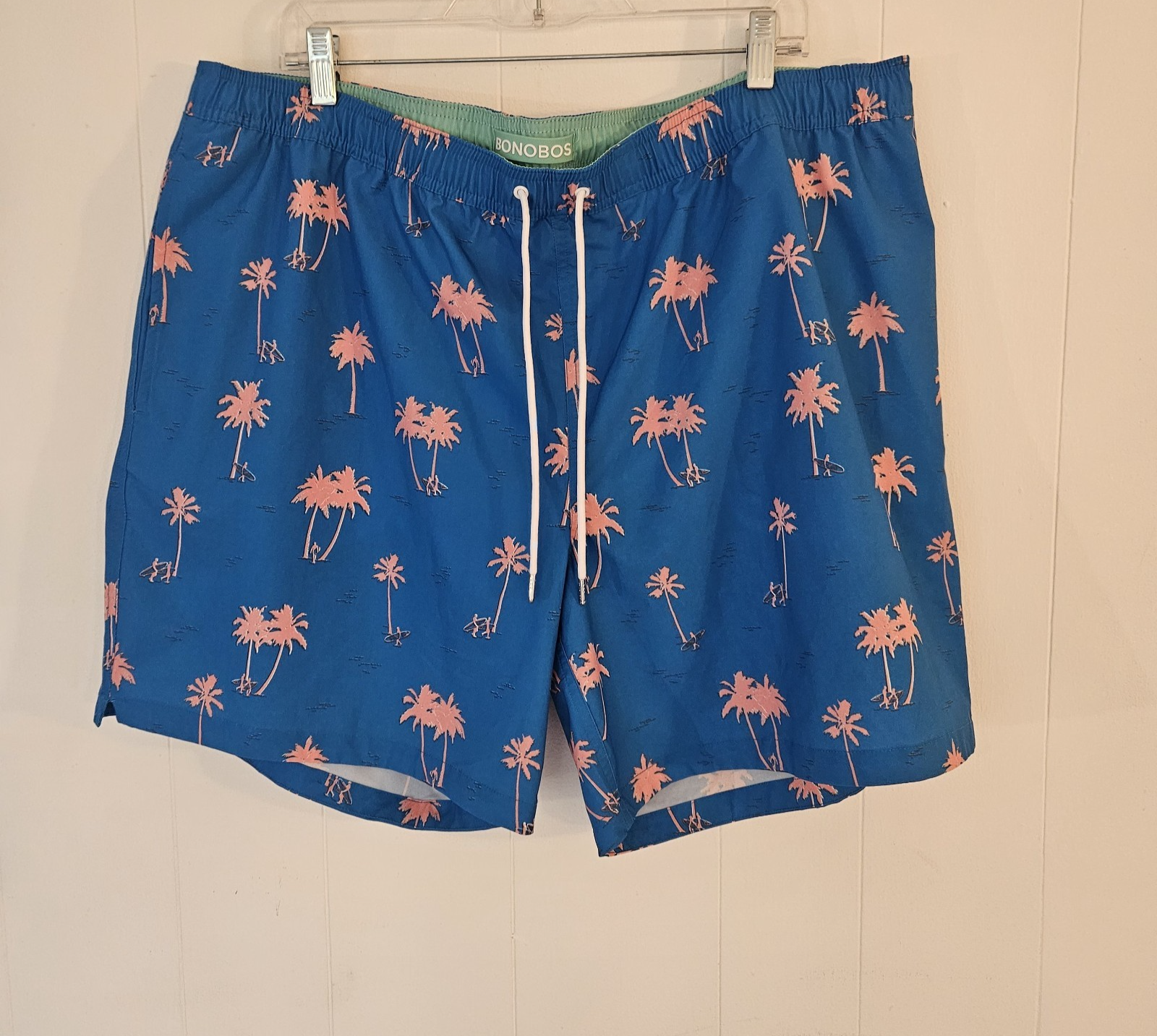 BONOBOS Swim Trunks Men's XXL Blue Pink Shorts Lined Pocket Pink Palm Trees