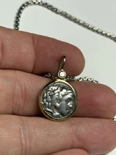 Genuine ALEXANDER THE GREAT Silver Drachm in 14k Gold w Sterling Silver Necklace