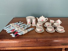 Vtg. Chilton Toys Ceramic Childs Tea Set Pink Floral Design- Tea for 6- 31 pcs.