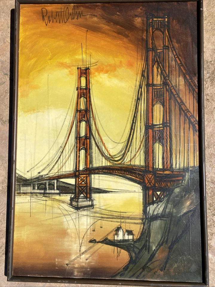 Pintura al óleo vintage de mediados de siglo MCM arte puente Golden Gate, Woody Robert Orlin Foto 2 de 4