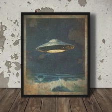 Vintage UFO Nautical Wall Art, USO Alien Orb Ocean Decor, Beach Sci-fi Poster