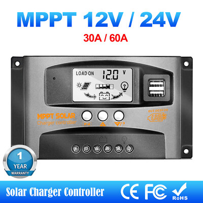 Solar Panel Battery Charge Controller 12V/24V LCD Regulator Auto Dual USB US