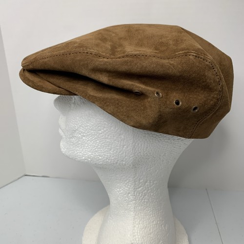 VTG Quaker Marine Supply Brown Suede Leather Lined Newsboy Flat Driving Cap Sz L - Picture 20 of 22