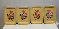 Metal Floral 4 Mini Trays Beige/Yellow Pink Roses 6 5/8" x 4 5/8" VINTAGE