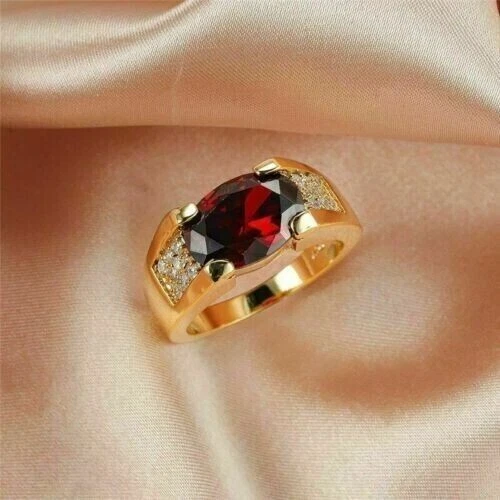 2Ct Oval Lab Created Garnet Diamond Men s Band Pinky Ring 14K