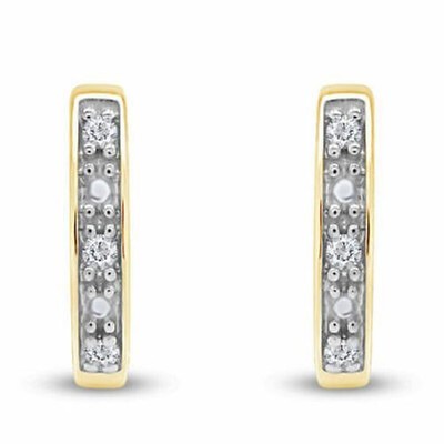 Mini Hoop Huggie Earrings Natural Diamond Pave Set 10k Yellow Gold 1/20 Ct