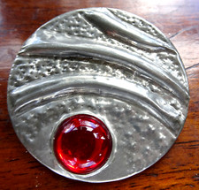 vintage modernist pewter bright red glass cabcohon abstract brooch -S48