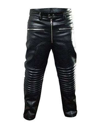 MEN REAL BLACK LEATHER PADDED MOTORCYCLE BIKERS PANTS JEANS TROUSERS