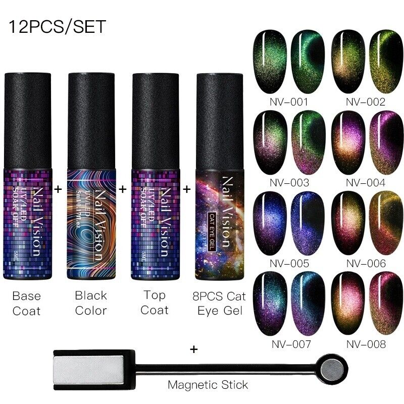 12Pcs NAIL VISION Cat Eye UV Gel Nail Polish Soak Off Magnetic G