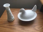 Vintage Milk Glass Hen And Vase