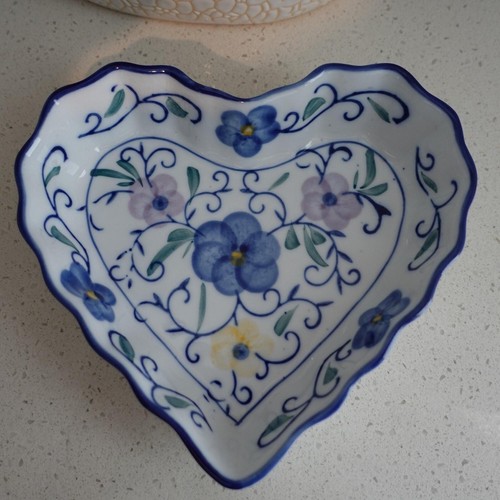 Heart Shaped Trinket Dish Floral Blue Purple White Ceramic Decor