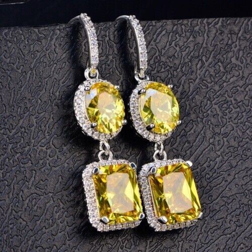 Lab-Created 4 Carat Emerald Cut Citrine Sterling Silver Drop Earrings