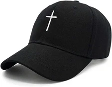 Cross Embroidered Christian Black Baseball Cap, Adjustable Hat, Mens, Womans
