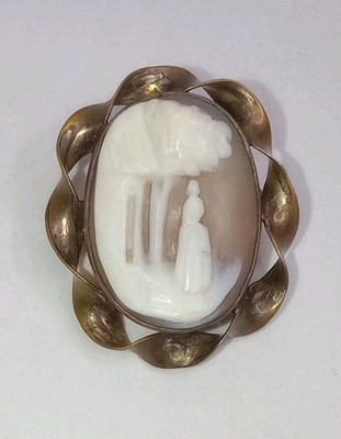 Antique Shell Cameo Brooch Pin Woman Under Tree