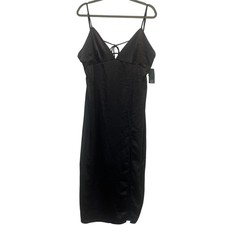 Wild Fable Midi Slip Dress Black Satin Lace Up Back Side Slit XL New with flaw