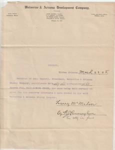 Wolverine & ArizonaMining Co Letter Calumet Michigan 1010 John Daniell 1905