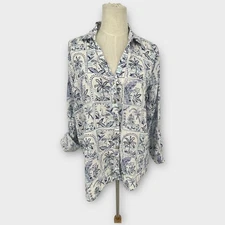 C&C California Linen Tropical Palm Flamingo Print Button Up Shirt Women L Beachy