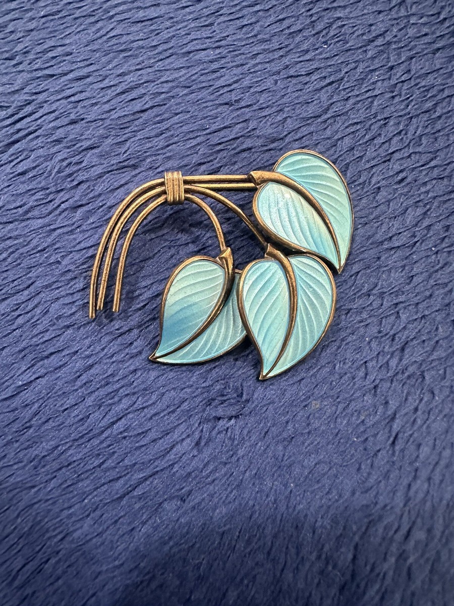 Vintage Hans Myhre Norway Sterling Silver Gilt Blue Enamel Leaf