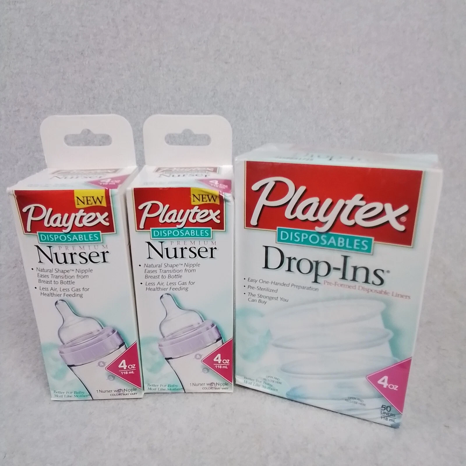 Two Playtex 4oz. Disposables Premium Nurser Purple, Yellow & 50 Drop-in Liners