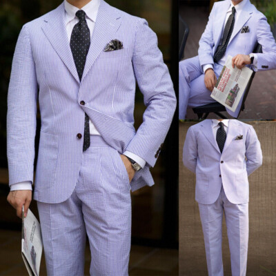 Purple Seersucker Men's Suits Summer 100% Cotton Wedding Groomsmen Tuxedos Plus