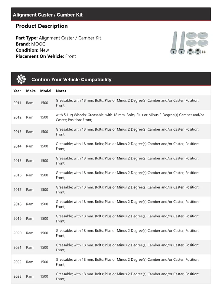 Kit de rueda de alineación/camber delantero MOOG 2011 2012 2013 para Ram 1500 2011-2023 Foto 2 de 3