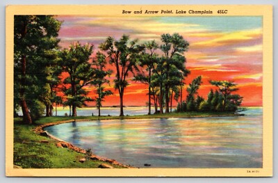 Postcard Bow and Arrow Point Lake Champlain New York Linen Scenic View Sunset