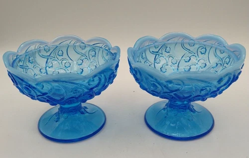 Pair of Fenton Candlestick Sapphire Blue Opalescent Lily of the Valley Lamp Base