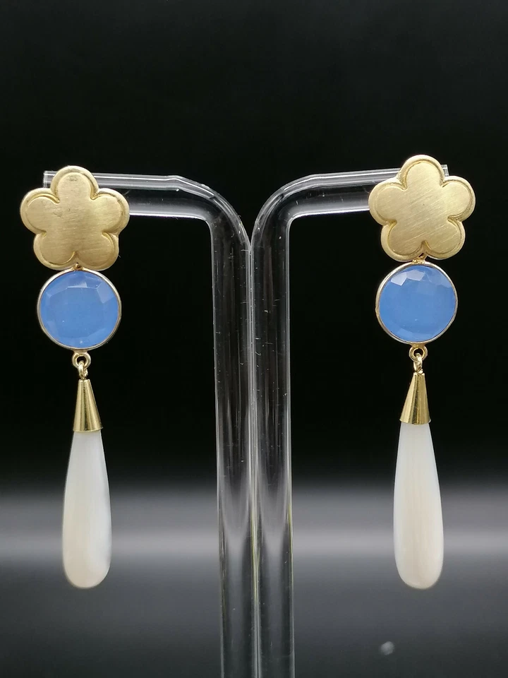 orecchini donna goccia pendenti madreperla agata argento 925 bagno oro giallo - Immagine 3 di 4