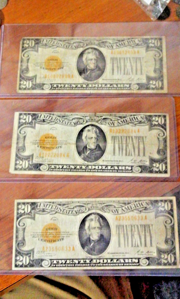 THREE (3) 1928 $20 Twenty Dollar Gold Certificates  Woods & Mellon - Image 2 of 4