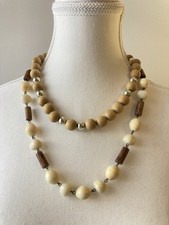 Earthy Wood Beaded Necklace Set Of 2 Layering Stackable Boho Artisan Cream Brown
