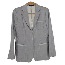 Elie Tahari Pinstripe Blazer Jacket 12 Blue White Snap Front Tailored Office