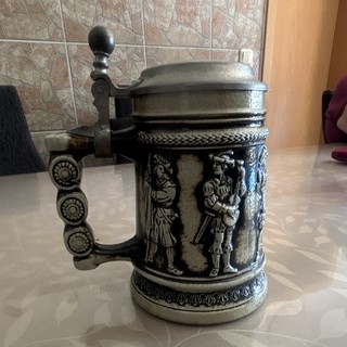 Vintage Simon Gerz Deutscher Salzglasierter Bierkrug mit Zinndeckel