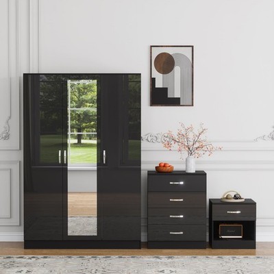 3 Piece High Gloss Bedroom Furniture Bedside Table Wardrobe Set Chest ...
