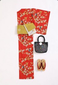 Red Flower & Bird Yukata, Size 153cm, Used, Traditional Kimono
