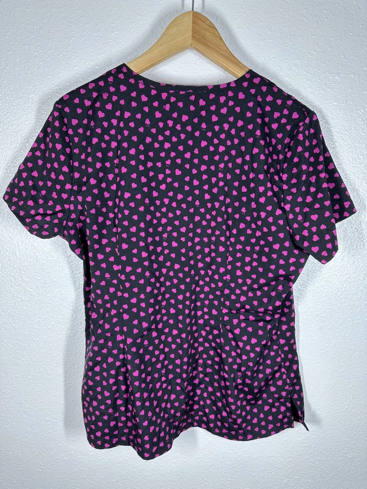 Koi Basics Scrub Top Womens Medium Black Pink Heart Print V Neck Pockets - Image 2 of 4