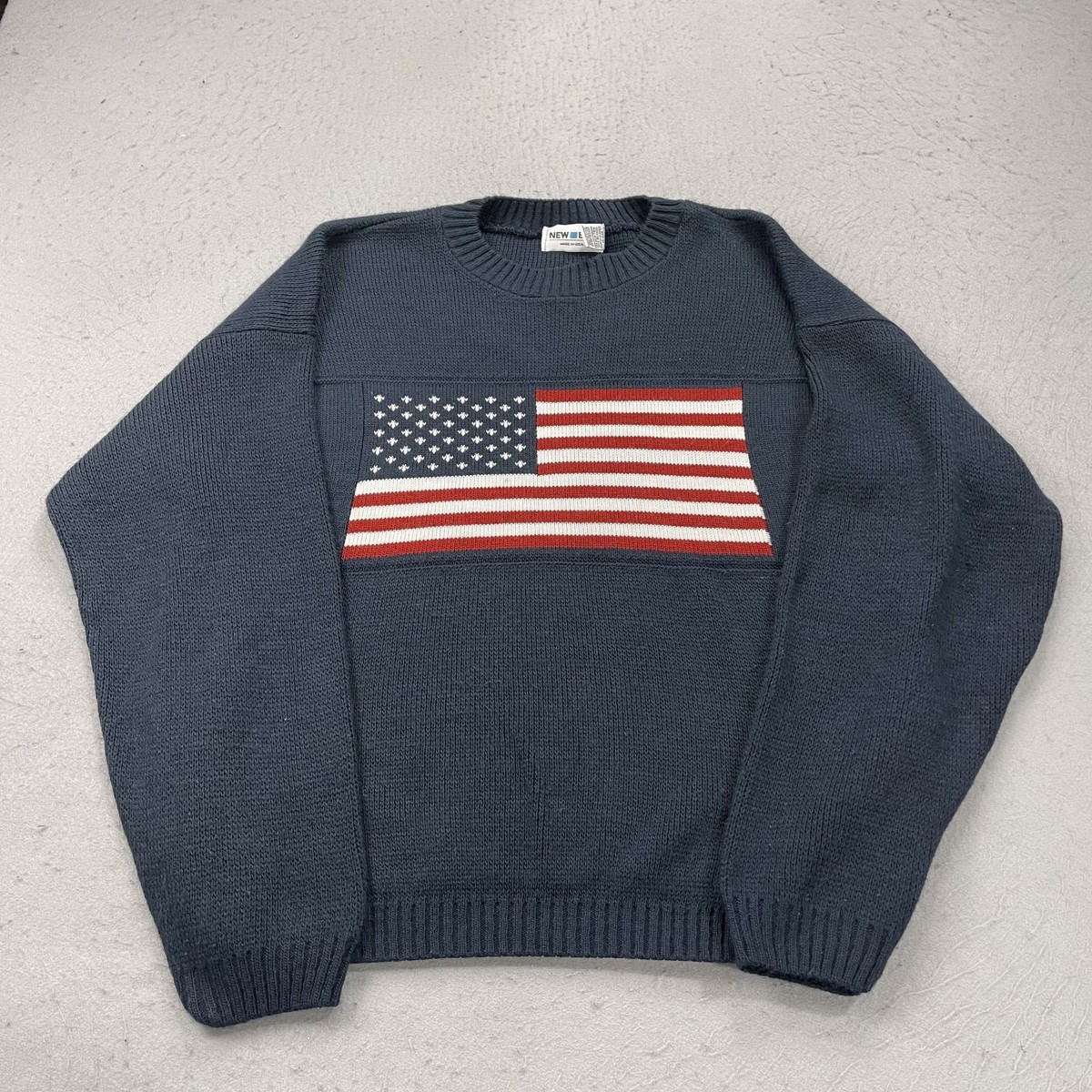 VINTAGE American Flag Sweater Mens Large Blue New Era Crewneck