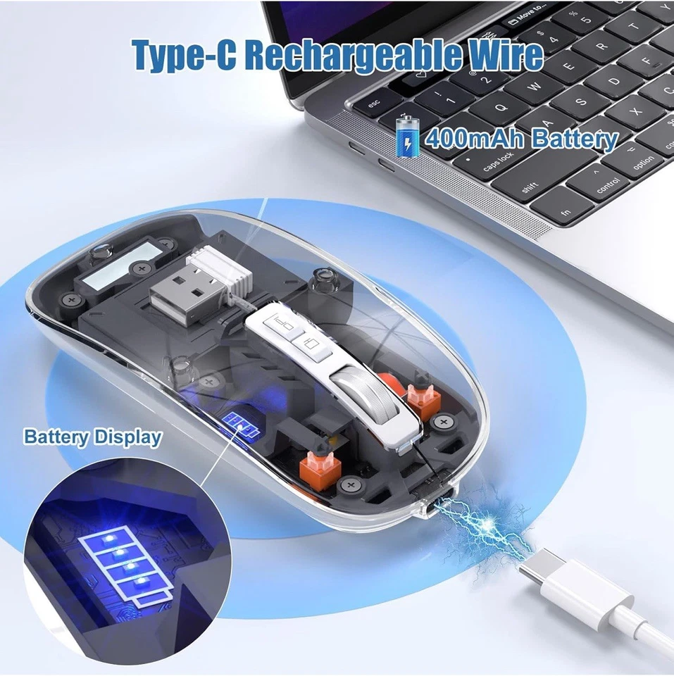 Transparent LED Wireless Mouse Silent Slim 2.4G USB Type-C DPI Adjustable PC Mac - Image 4 of 4